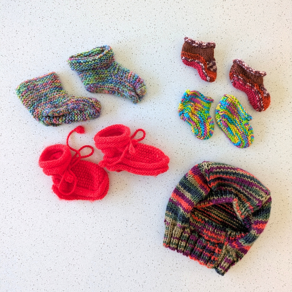 Multicolor Knitted Baby Socks, Booties, and Hat Set